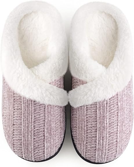 Fuzzy House Slip on Indoor Outdoor Bedroom Furry Fleece Lined Ladies Comfy Memory Foam Female Home Shoes Anti-Skid Rubber Hard Sole